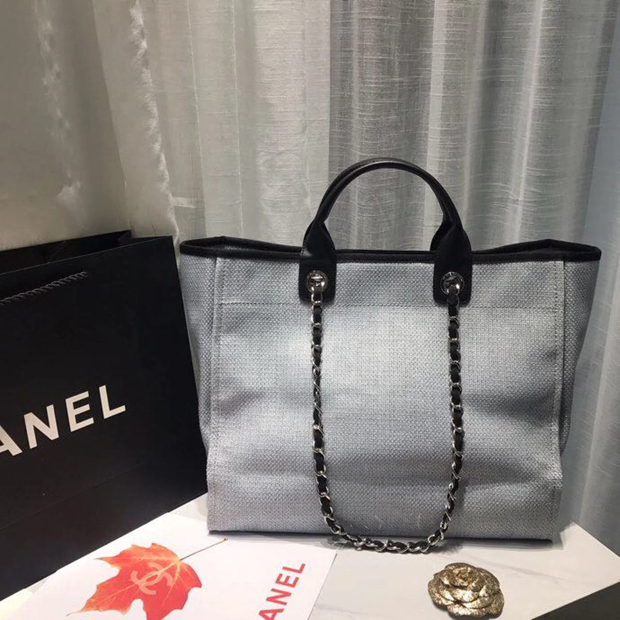 Chanel Deauville Tote Canvas Bag Light Grey For Women, Women&rsquo;s Handbags, Shoulder Bags 15in/38cm A66941