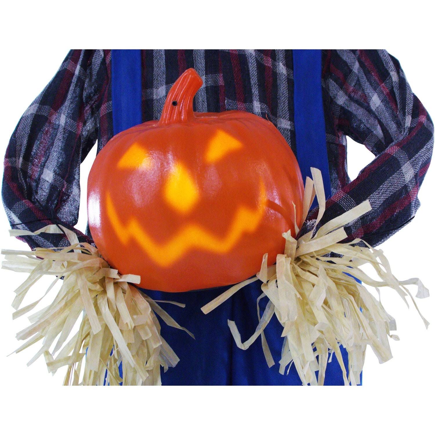 Haunted Hill Farm Life-Size Animatronic Scarecrow, Indoor/Outdoor Halloween Decoration, Light-Up Face Talking, Battery-Operated