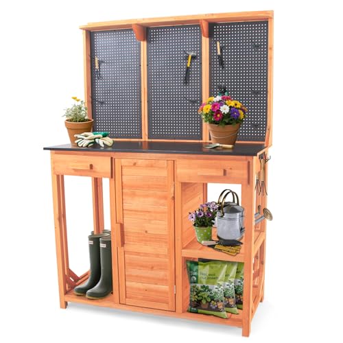 Outdoor Garden Potting Bench, Horticultural Wooden Workstation Table with Storage Drawer, Cabinet, Metal Pegboard