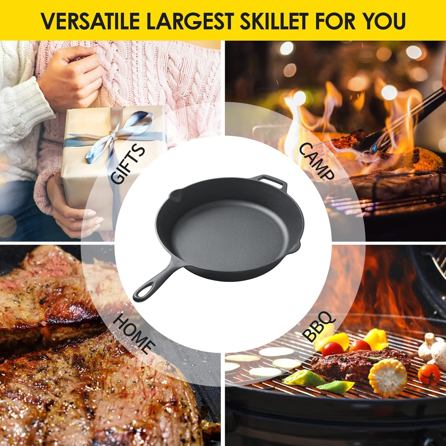 Pre-Seasoned Cast Iron Skillet ,Seasoned Large 15 Dual Handle Frying Pan, Cast Iron Pan for Bread, Baking,Pizza, Indoor / Outdoor Cooking, Camping