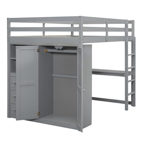 Full Size Loft Bed with Desk & Wardrobe, Solid Wood Kids Loft Bedframe w/3 Storage Drawers & 2 Shelves, Maximum Space Design, for Bedroom, Dorm, Gray