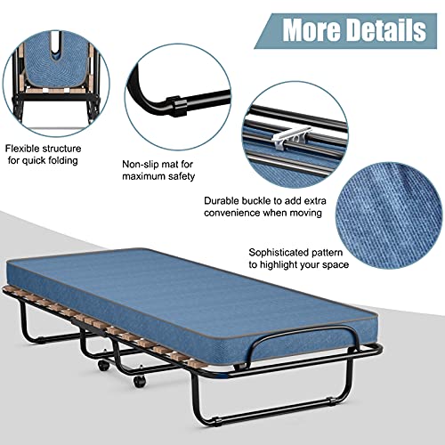Giantex Folding Bed with 3" Mattress for Adults, Made in Italy, Rolling Foldaway Guest Bed, Memory Foam Mattress, Sturdy Metal Frame