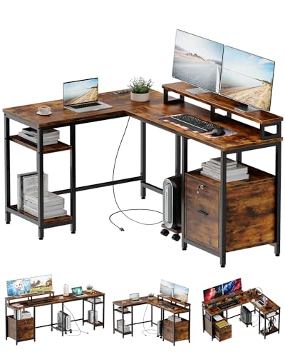 L Shaped Computer Desk with FiIe Drawers, 67" Reversible Computer Desk, Home Office Desk with Power Outlets