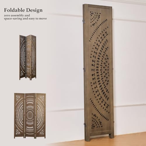 66.9Inch Folding Room Divider, 6 Panels Wood Carved Privacy Screens