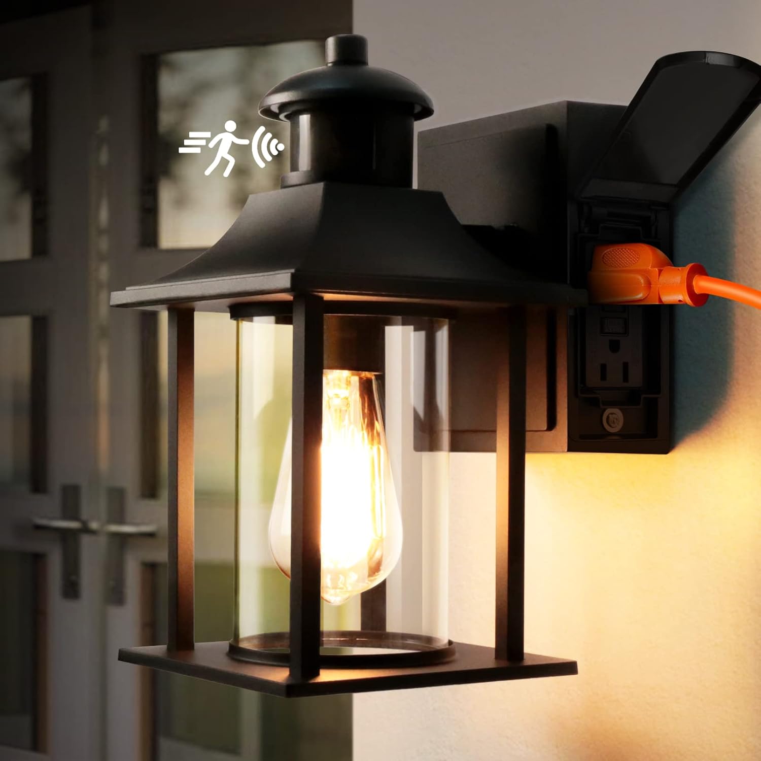 Outdoor Porch Light with GFCI Outlet for House,Dusk to Dawn Motion Sensor Outdoor Light Fixture Exterior Work with Security Camera