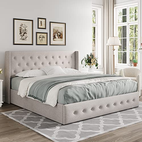 Allewie Full Size Lift Up Storage Bed, Modern Wingback Headboard, Hydraulic Support, No Box Spring Needed, Light Beige