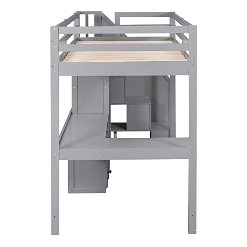 Harper & Bright Designs Twin Size Loft Bed with L-Shaped Desk and Stairs, Solid Wood Loft Bed Frame with Storage Drawers and Bookcase