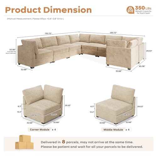 ovios 130.7" Modular Sectional Sofa Couch, U-Shaped Cloud Couches with 2 Ottomans Chaise