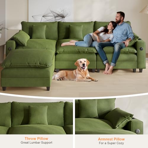 Modular Sectional Sofa, Cloud Couch with Ottoman, Charging Station, Throw Pillows, Cup Holders, Modern Convertible U Shaped Couches for Living Room