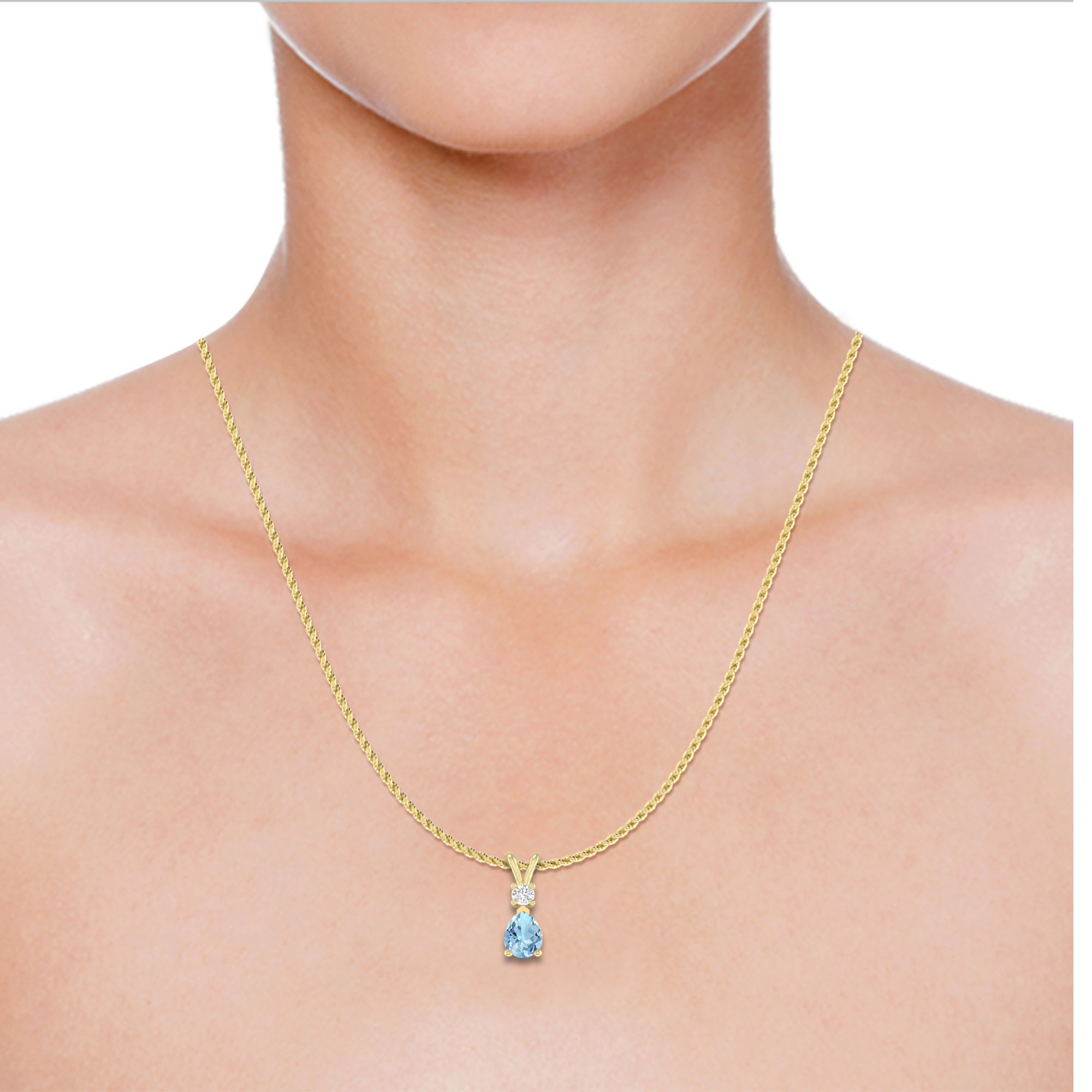 1.55 Carat 14K Yellow Gold Aquamarine and Round Lab Grown Diamond Solitaire Pendant Necklace for Women (G Color, SI Clarity)(7X5 mm Aquamarine)