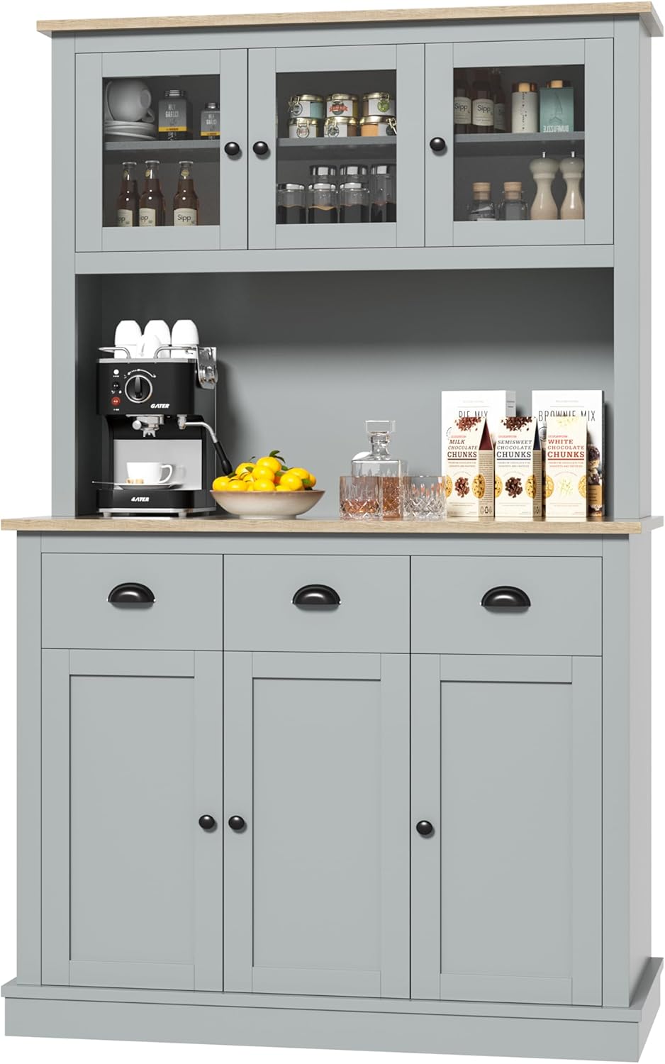 MU 71" Kitchen Hutch Storage Cabinet with Countertop, Tall Freestanding Kitchen Pantry Cabinet with Drawers, Drawers & Microwave Shelf