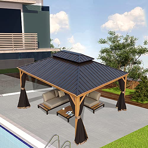 Kozyard Apollo 10’x12’ Hardtop Gazebo, Wooden Coated Aluminum Frame Canopy with Galvanized Steel Double Roof
