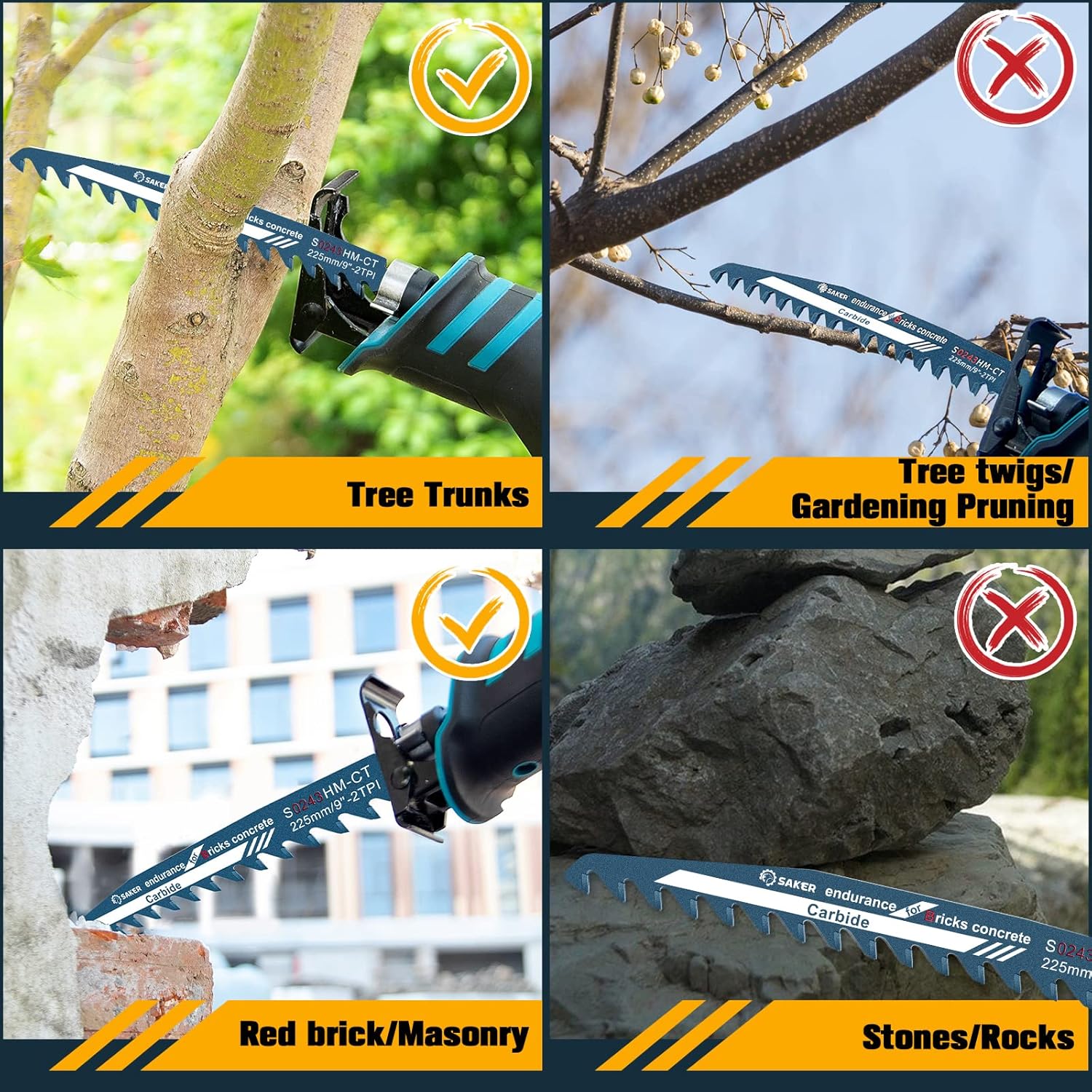 Saker Saw Blade-Demolition Masonry Reciprocating Hard Alloy Saw Blades for Cutting Wood,Porous Concrete,Brick 9”/225mm Pack of 2
