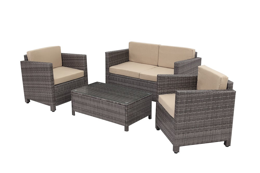 Superjoe Outdoor Patio Furniture Set 5 Pcs Conversation Set Wicker Sectional Sofa Steel Frame Chair and Table Gray Rattan Beige Cushions