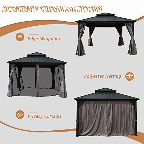 Domi 10' x 10' Hardtop Gazebo Outdoor Metal Gazebo with Galvanized Steel Double Roof Canopy, Curtains and Netting for Patio, Backyard, Deck
