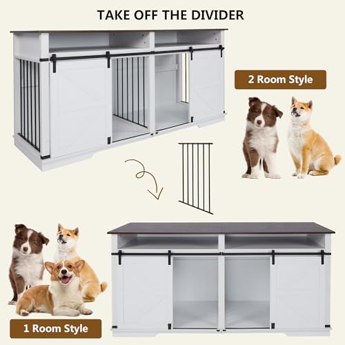 Aoowow Large Double Dog Crate Furniture 72.4" Indoor Dog Kennel with Sliding Barn Door and Divider