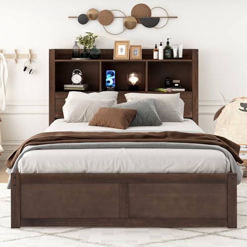 Full Size Storage Bed with Bookcase Headboard and Trundle, Wood Platform Bed Frame with Charging Station