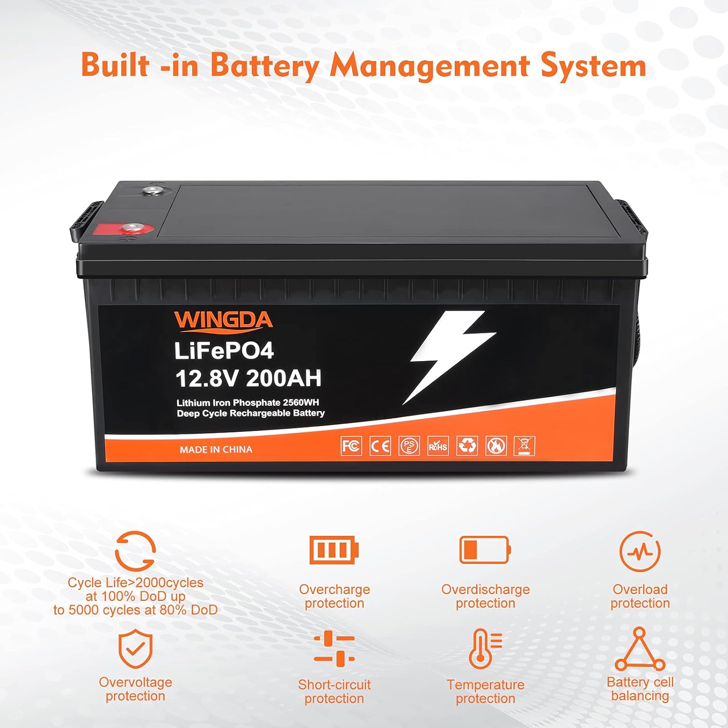 WINGDA LiFePO4 Battery 12V 100Ah Deep Cycle Lithium Batteries with Built-In BMS,5000+ Cycles 10 Year Life Time Rechargeable for RV, Solar Power