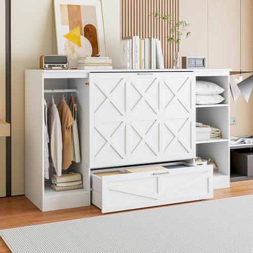 Harper & Bright Designs Full Size Murphy Bed Cabinet Wall Bed, Solid Pine Murphy Bed Chest with USB Ports