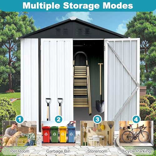 8x6 FT Outdoor Storage Shed, Metal Tool Shed with Lockable Doors, Peaked Roof & Frame Floor