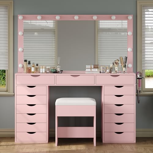 Vanity Desk with Mirror and Lights, Makeup Table with Charging Station, 3 Color Lighting Modes, 15 Drawers Dressing Table