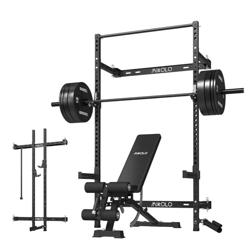 Mikolo 2" x 2" Folding Wall Mounted Squat Rack, 1000 Pounds Capacity Power Rack with Pull Up Bar, J Hooks and Other Attachments, Space-Saving Home Gym