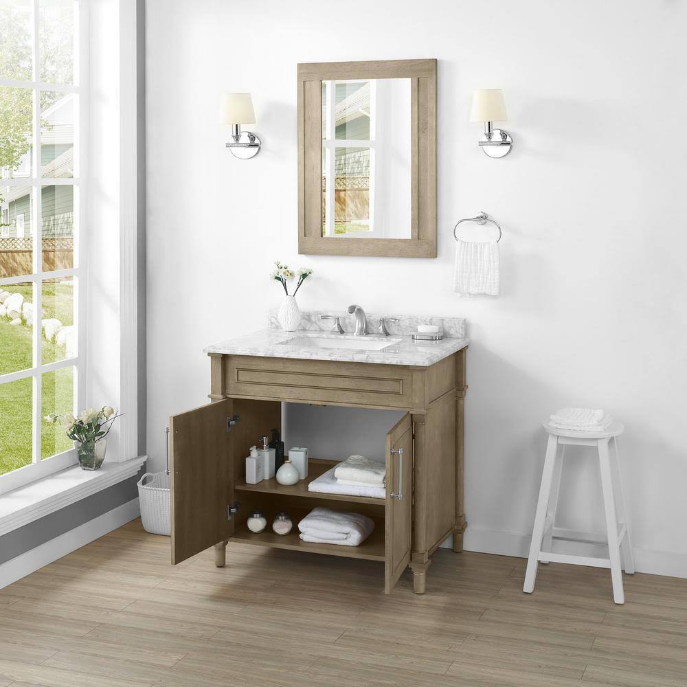 Home Decorators Collection Aberdeen 36 in. x 22 in. D Bath Vanity in Antique Oak with Carrara Marble Vanity Top in White with Wh