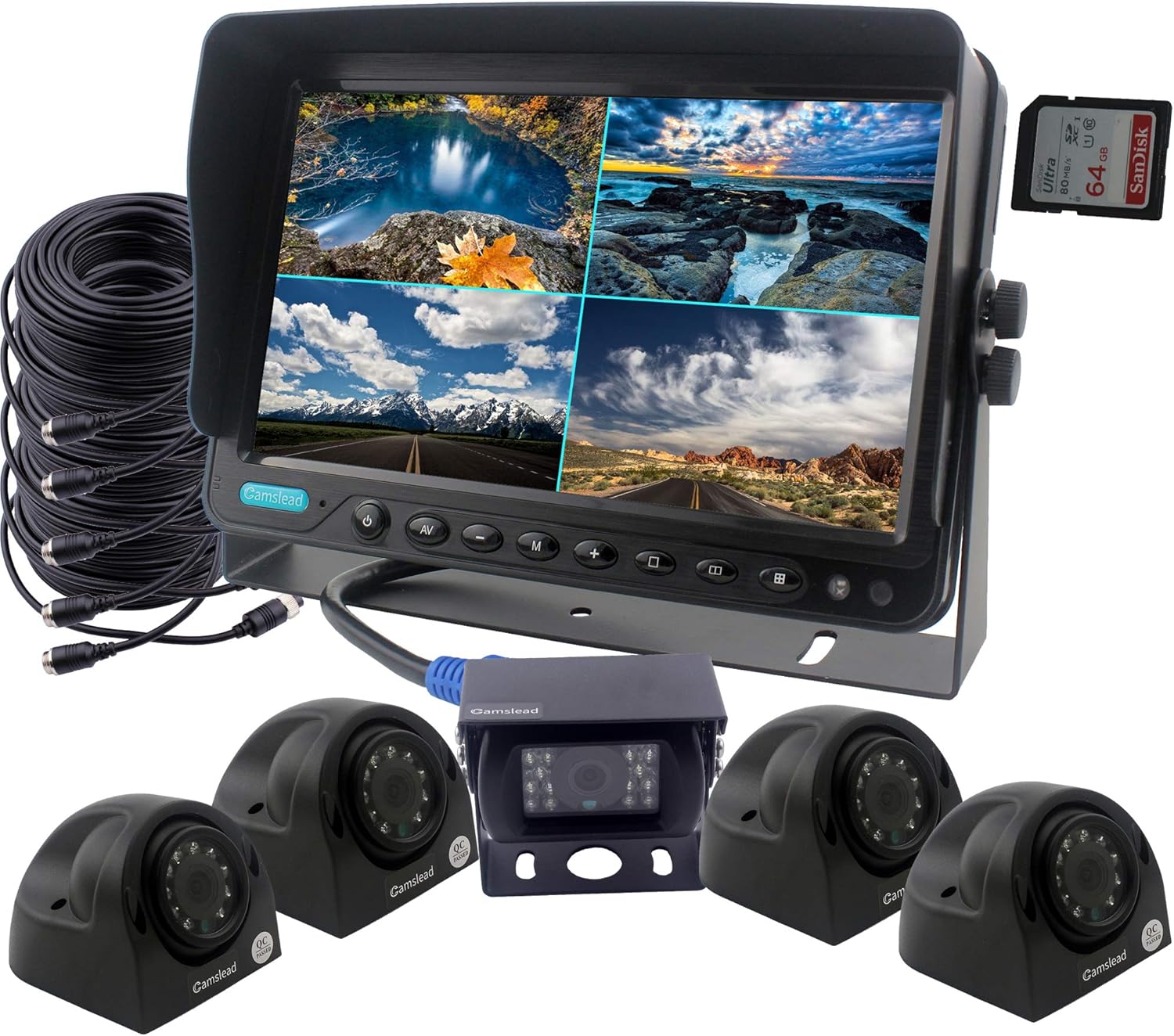 CAMSLEAD Car Backup Camera System 9 inch Monitor Built-in DVR Recorder with Quad Split Screen CCD Waterproof Night Vision Side Camera Rear View