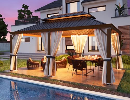 YOLENY 10' x 12' Hardtop Gazebo, Metal Gazebo with Aluminum Frame, Double Galvanized Steel Roof, Curtains and Netting Included