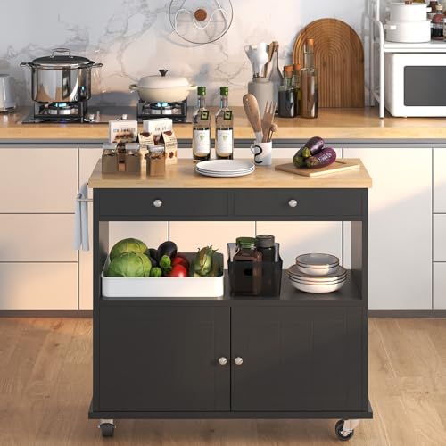 Rolling Kitchen Island with Storage Cabinet, 35.4'' Width Kitchen Cart, 2 Drawers Island Table, Portable Mobile Kitchen Island with Towel Rack