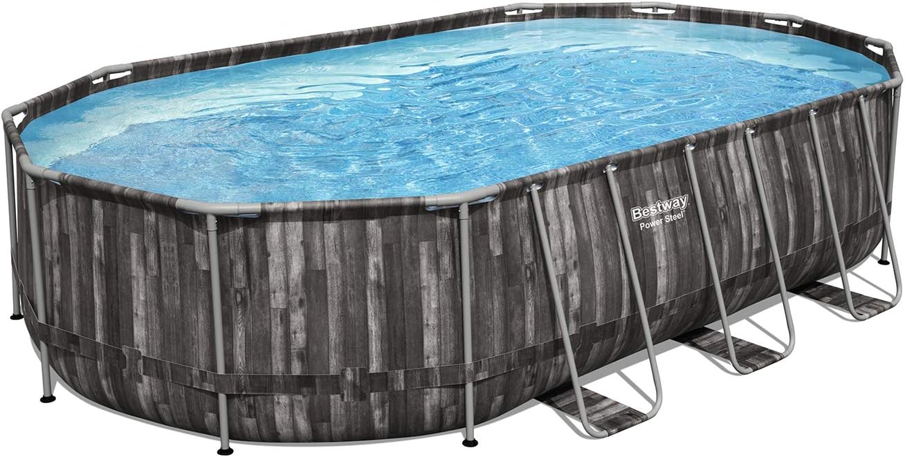 Bestway Power Steel 20 x 12 x 4 Foot Above Ground Oval Swimming Pool Set with Ladder, Cover, Pump, Replacement Cartridge, & Accessory Repair Kit