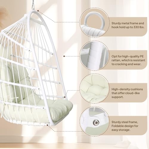 Chihee Egg Chair Foldable Wicker Rattan Hanging Chair Swing Chair Indoor Outdoor Patio Wicker Chair Hammock Chair with Stainless Steel Hanging Kit