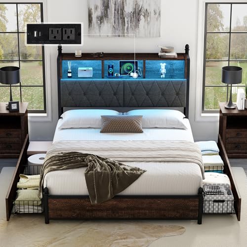AMERLIFE Full Size Bed Frame with Bookcase Headboard, 4 Storage Drawers, Wooden Platform Bed with Charging Station & LED Light, No Box Spring Needed