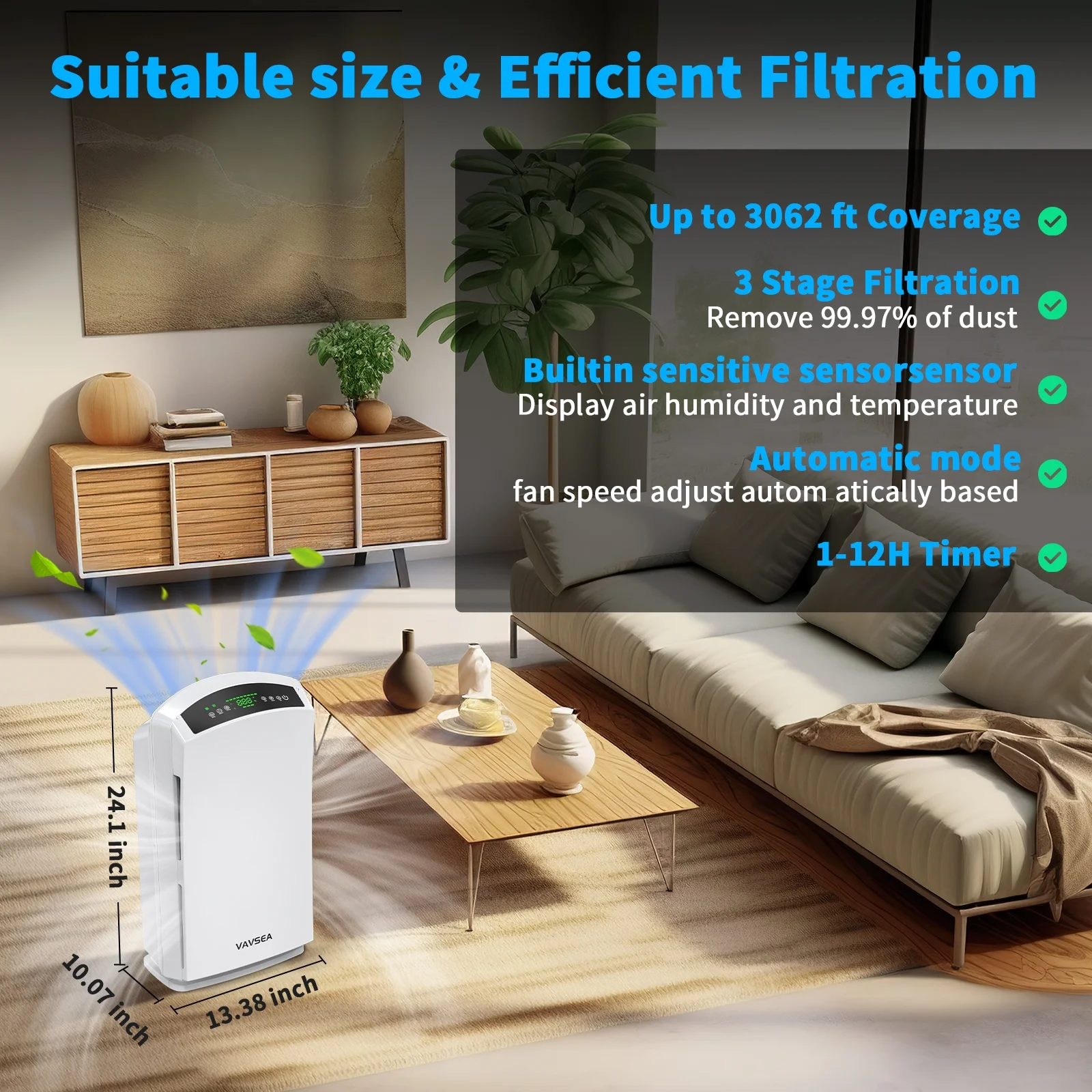 VAVSEA Air Purifier, HEPA Air Filter for Home Large Room up to 3067 Sq ft, Air Cleaner with Air Humidity Display for Pet Hair, Allergies, Smokers