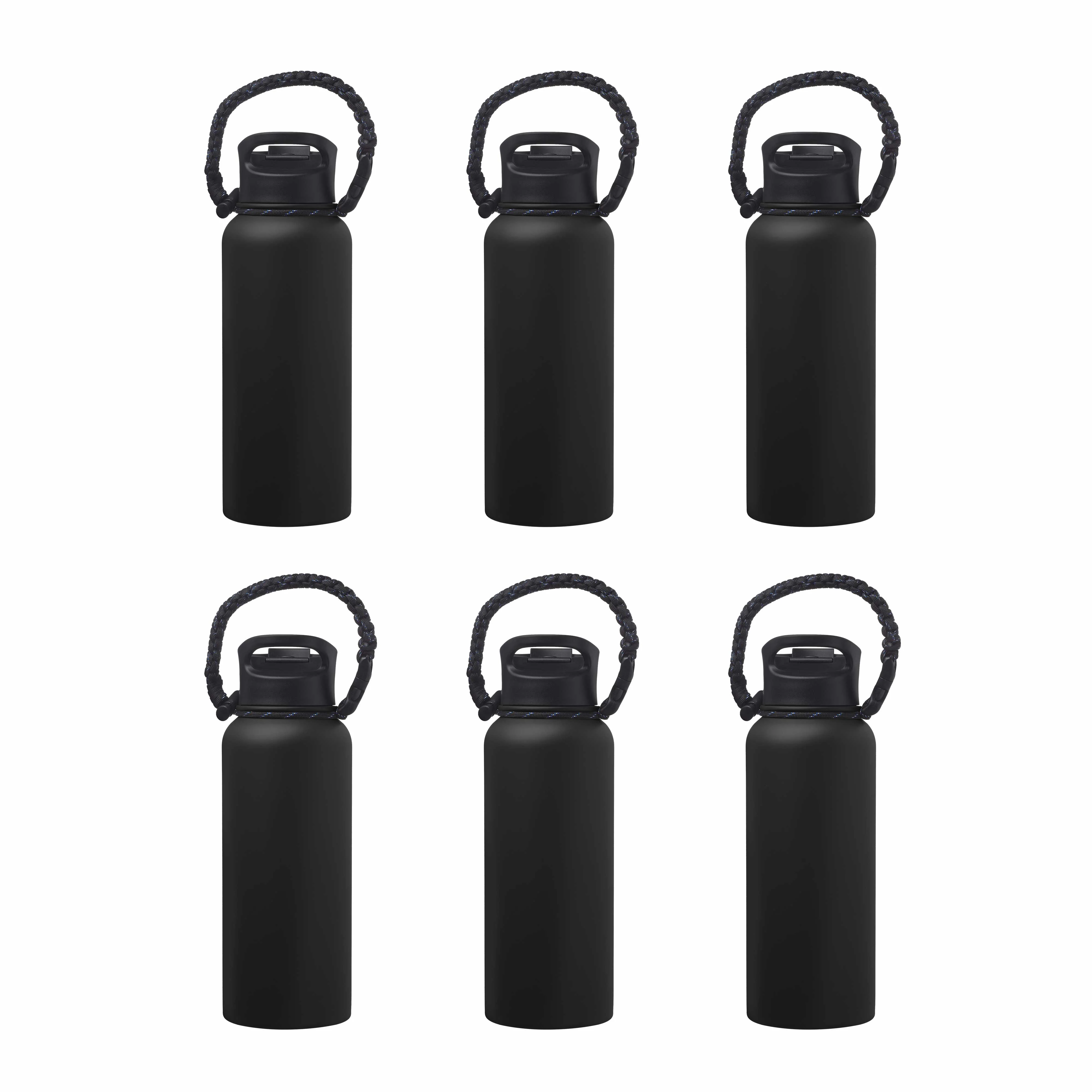 6 Vulcan Stainless Steel Water Bottles with Strap Set, 34 oz. - Double Wall, Vacuum Insulated - Black