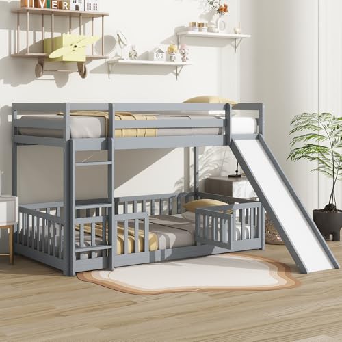 Bunk Beds Twin Over Full Size, Pine Solid Wooden Bunk Bed with Slide, Storage Staircase, Safety Guardrails for Kids, White