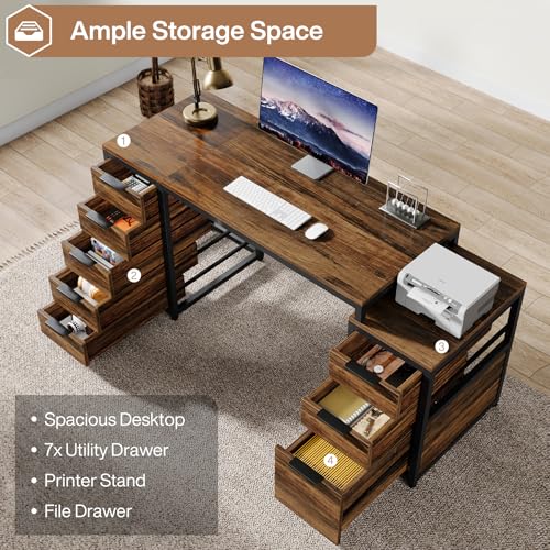 Tribesigns Computer Desk with 8 Drawers, 63" Office Desk with Reversible File Cabinet and Storage Drawers