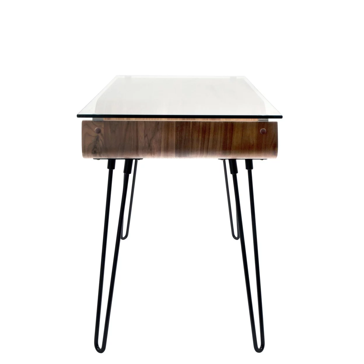 Indoor Home Office Furniture Avery Mid-Century Modern Desk In Walnut Wood, Clear Glass, And Black Metal