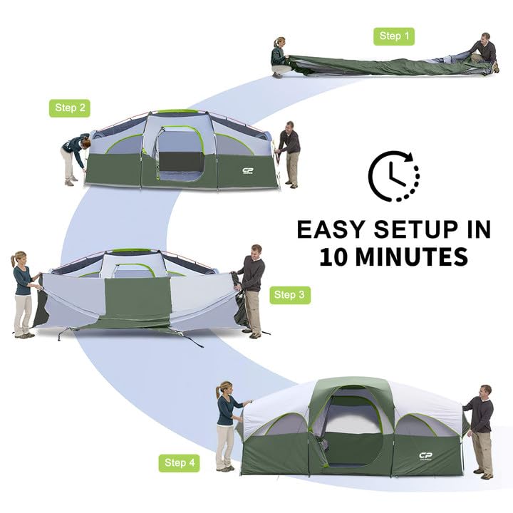 CAMPROS CP Tent 8 Person Camping Tents, Weather Resistant Family Tent, 5 Large Mesh Windows, Double Layer, Divided Curtain for Separated Room