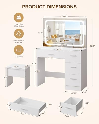Vanity Desk with LED Mirror, Makeup Vanity with Drawer and Cushion Stool, Dressing Table for Bedrrom, White