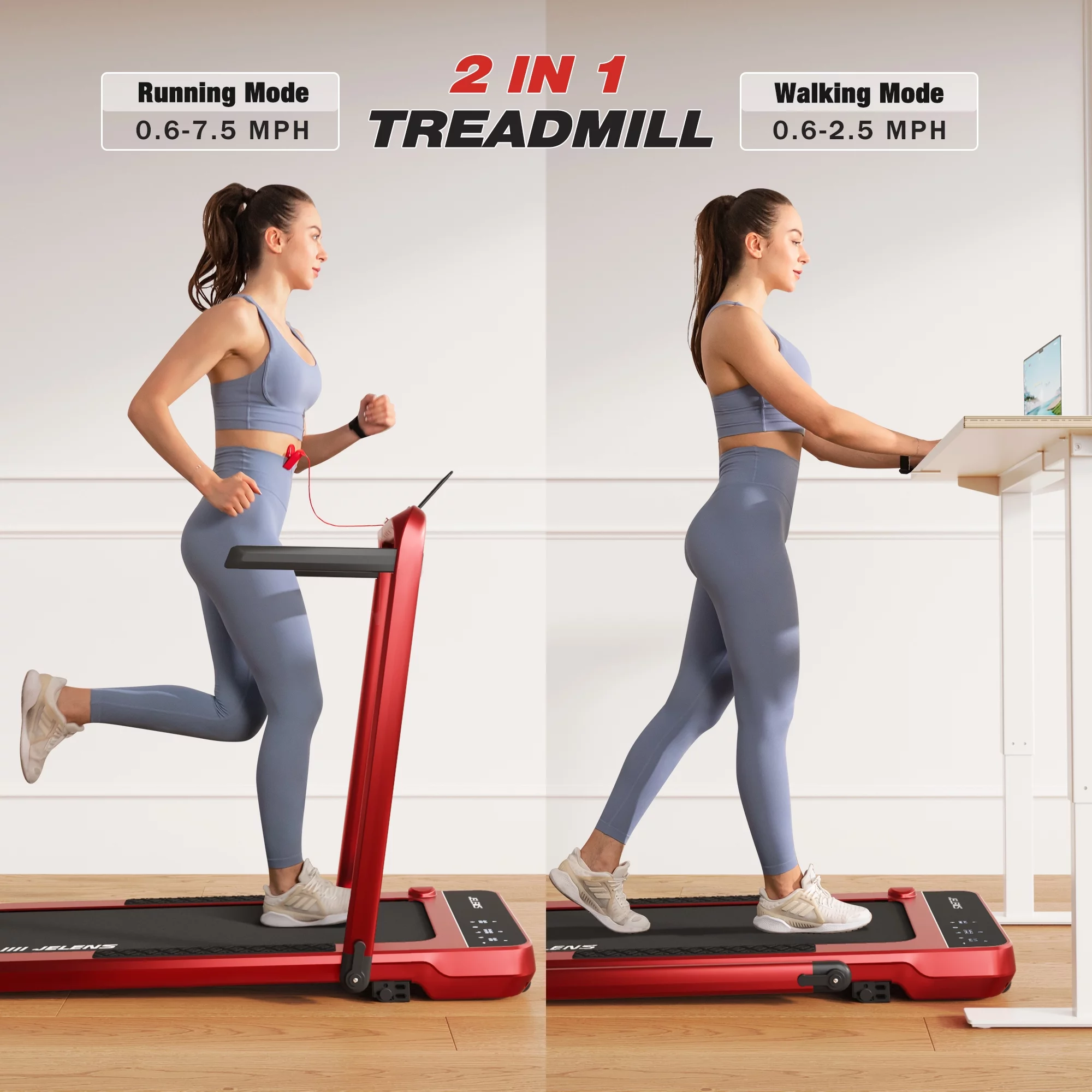 JELENS 2 in 1 Incline Treadmill Under Desk Walking Pad 2.5HP Home Folding Treadmills with Gesture Sensing Control