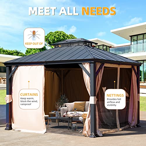 EROMMY 12'x20' Hardtop Gazebo Double Roof Galvanized Steel Canopy Outdoor Aluminum Frame Permanent Metal Pavilion with Netting and Curtains for Patio