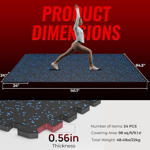 SUPERJARE 0.56'' Thick 24 Pcs 96 Sq Ft Rubber Top Exercise Equipment Mats, High Density EVA Foam Mats with Rubber Top