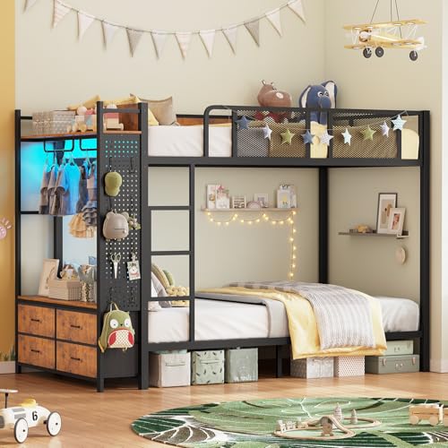 Itaar Metal Bunk Bed Twin Over Twin with Hall Tree, Power Outlet, LED Bunk Bed with 4 Storage Drawers, Bed with Safety Guardrail & Ladders