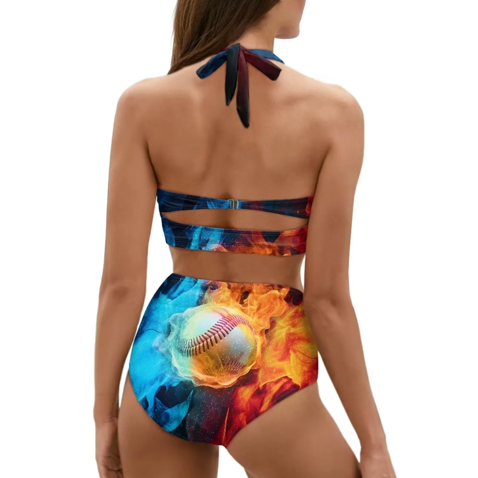 STUOARTE Fashion Bikinis for Women V Neck Halter 2 Piece Swimsuit Baseball Fire Push Up Bathing Suit Breathable Size M Beachwear with Adjustable