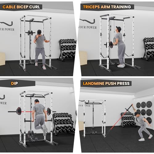 Power Cage with LAT Pulldown, Multi-Functional Power Rack with Cable Pulley System and J-Hooks, Squat Rack with Dip Bars and Landmine Attachment