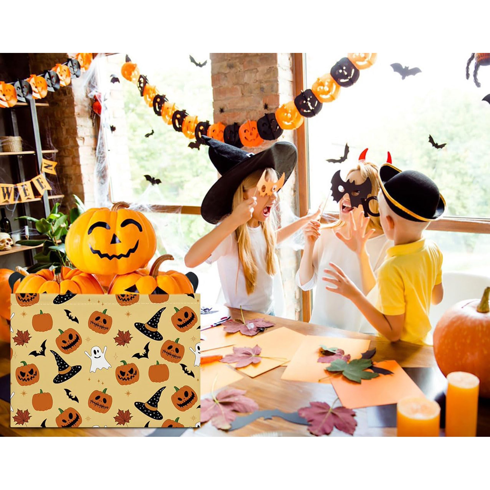 Rectangle Storage Basket with Handles,Collapsible Storage Bin,Books Box,Gift Basket(Pumpkin Halloween)