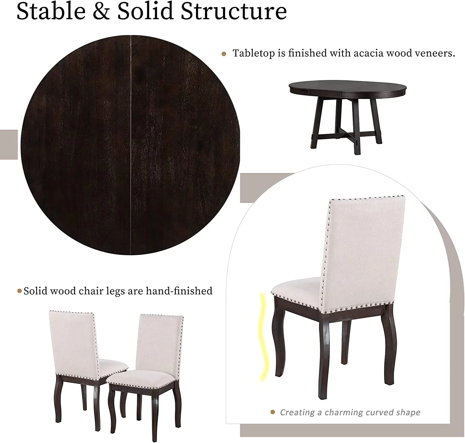 5-Piece Farmhouse Extendable Round Dining Table and Upholstered Chair Set, Round Dining Table with Shelf, Wood Dining Table Set for Family Dining Area