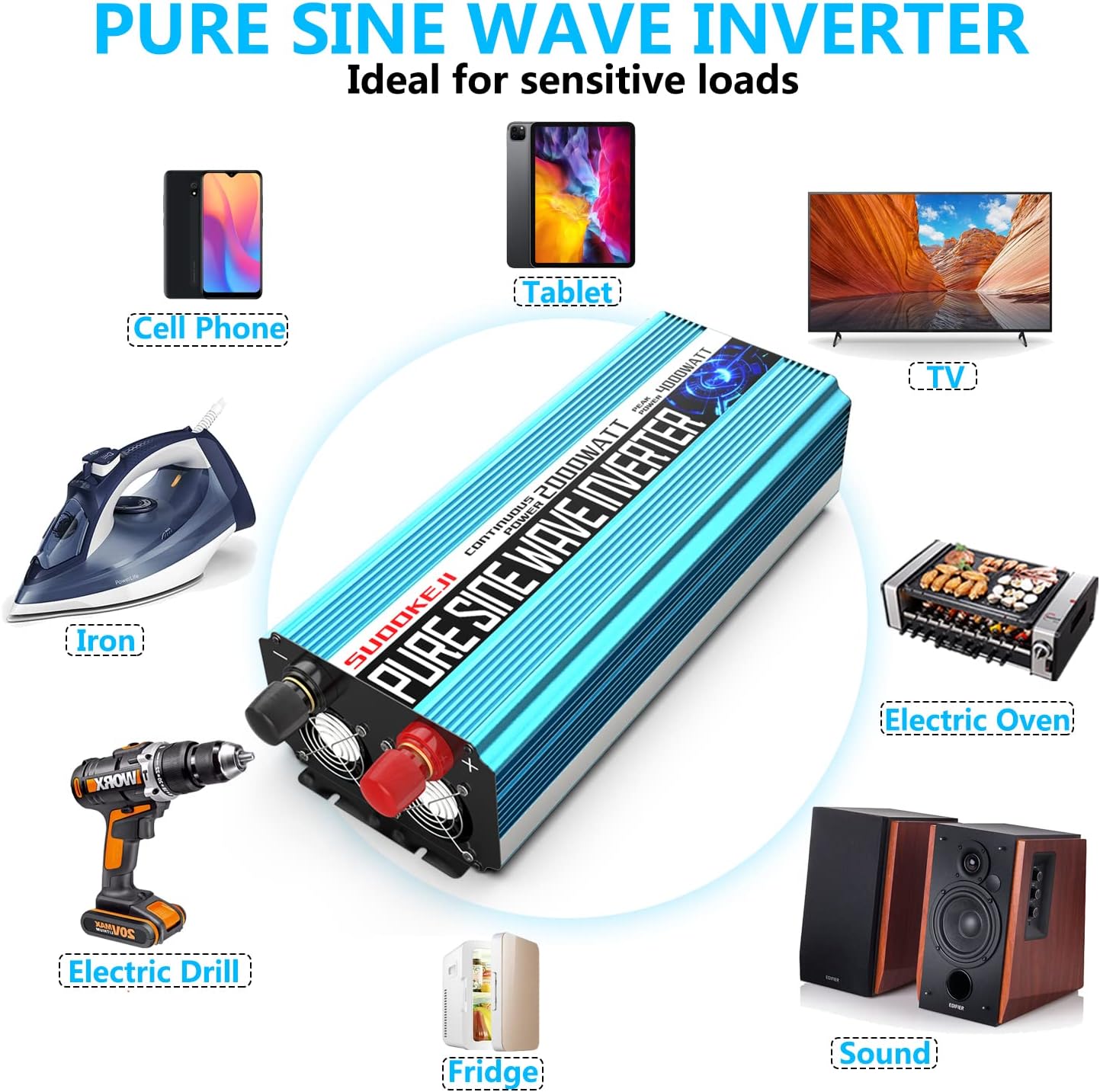 2000W Pure Sine Wave Power Inverter 12V DC to AC 110V/120V Converter for Home, RV, Solar Inverter 12V to 110V, 3 Outlet Car Inverter