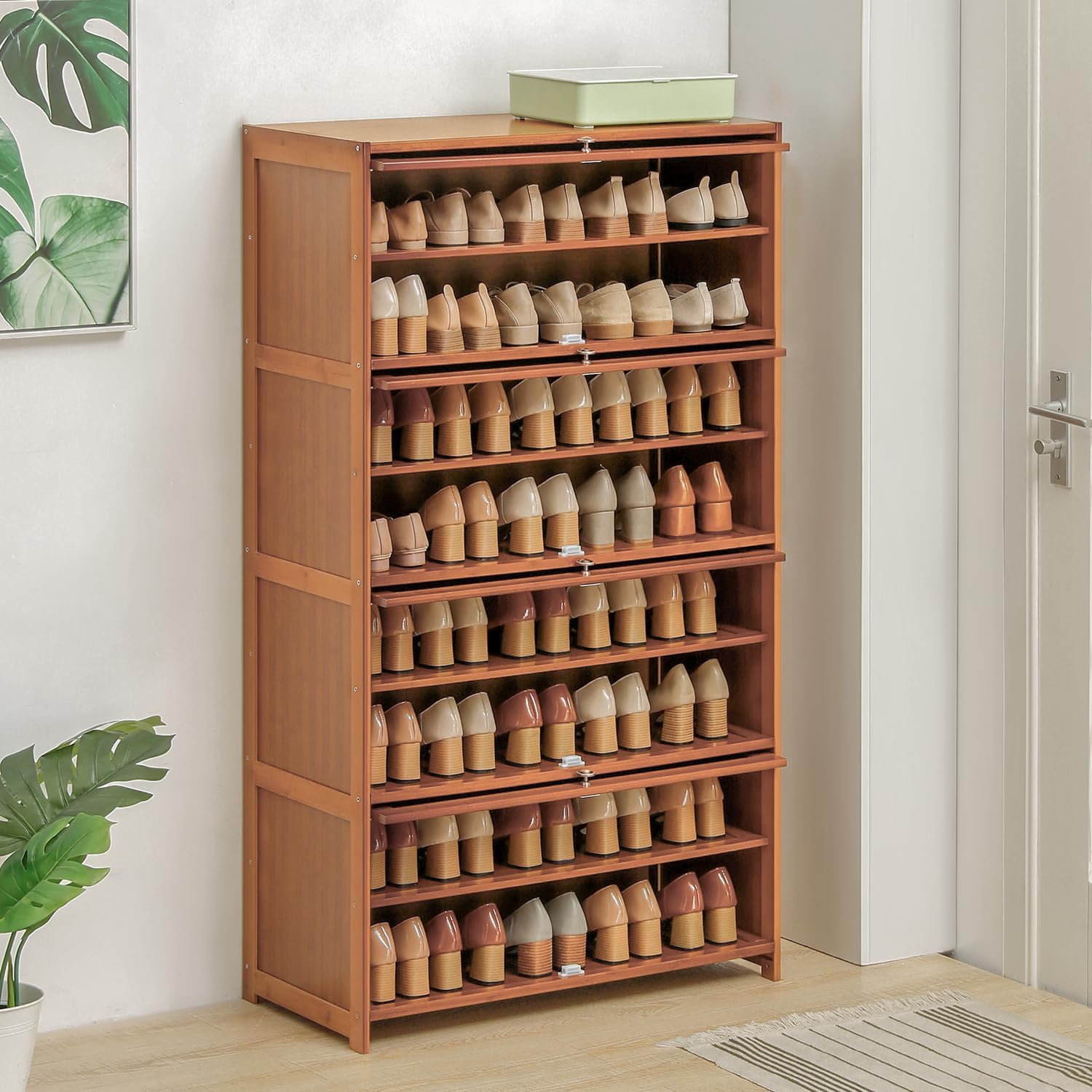 Magshion Bamboo 8 Tier Shoe Storage Cabinet with Flip Doors, Freestanding Shoes Heels Sandals Shelf Rack